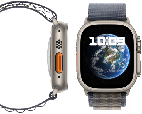 Nya koldioxidneutrala Apple Watch Ultra 2, sedd framifrån och från sidan
