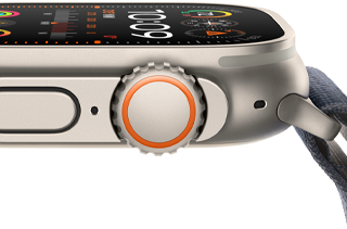 Apple Watch Ultra 2 med robust titanboett, platt skärm, Digital Crown och sidoknapp