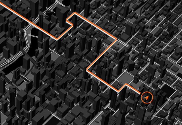 En karta med en framhävd färdväg genom en tätbebyggd stadsmiljö som visar gps:ens precision