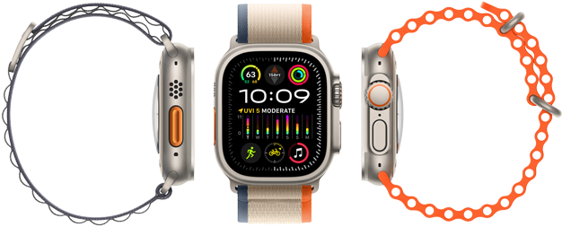 Apple Watch Ultra 2 visas med tre olika armbandstyper, stor skärm, robust titanboett, orange snabbknapp och Digital Crown