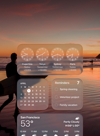 Liquid Glass-versioner af Ur-, Kalender-, Påmindelser- og Vejr-widgets på macOS Tahoe-skærm oven på en scene med en surfer, der går på stranden ved solnedgang