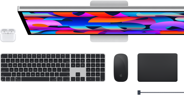Mac-tillbehör: AirPods, Studio Display, Magic Keyboard, Magic Mouse, Magic Trackpad, MagSafe-laddningskabel