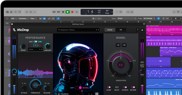 Skärminnehåll med appen MicDrop där en röstinspelning redigeras med hjälp av AI-funktioner på en MacBook Pro