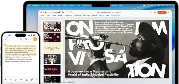 iPhone 16 Plus med tekst markeret i Noter-appen og MacBook Air med en Keynote-slide med synlig tekst fra Noter-appen