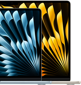 Kahdesta MacBook Air ‑kannettavasta näkyvät näyttöjen suhteelliset koot: 13,6 tuumaa ja 15,3 tuumaa lävistäjästä mitattuna