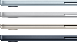 Neljän MacBook Air ‑kannettavan sivupinnat, esillä neljä eri värivaihtoehtoa