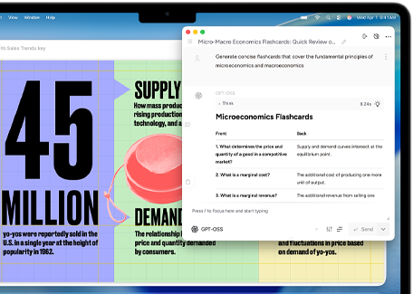 Skjermen på MacBook Air viser Apple Intelligence-funksjonen Skriveverktøy som brukes til å lage stikkordsbaserte studiekort om mikro- og makroøkonomi.