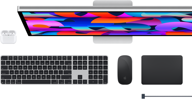 Mac-tillbehör: AirPods, Studio Display, Magic Keyboard, Magic Mouse, Magic Trackpad, MagSafe-laddningskabel