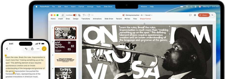 iPhone 16 Plus med markerad text i appen Anteckningar, MacBook Air med en Keynote-presentationsbild öppen, text från appen Anteckningar syns på presentationsbilden