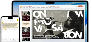 iPhone 16 Plus med markerad text i appen Anteckningar, MacBook Air med en Keynote-presentationsbild öppen, text från appen Anteckningar syns på presentationsbilden