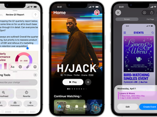 Flere iPhone 17e-enheter vises ved siden av hverandre med forskjellige ting på skjermen: et spill, Skriveverktøy, Apple TV-appen, en kalenderhendelse som opprettes, og en Genmoji som opprettes.