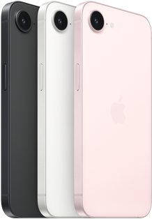 Phone 17e i sort vist fra siden og bagfra, iPhone 17e i hvid vist fra siden og bagfra og iPhone 17e i sart rosa vist fra siden og bagfra med Fusion-kamera øverst og sideknap
