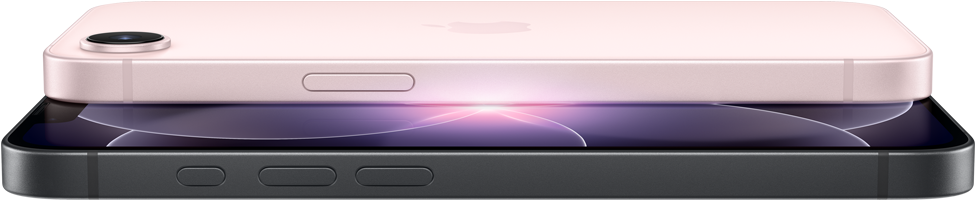 iPhone 17e i sart rosa vist bagfra i vandret position og iPhone 17e i sort vist forfra i vandret position