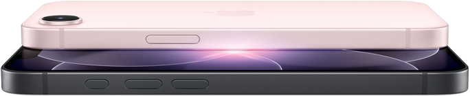 iPhone 17e i sart rosa vist bagfra i vandret position og iPhone 17e i sort vist forfra i vandret position