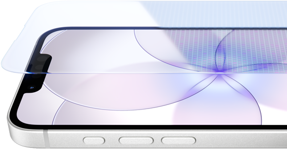 iPhone 17e, framsidan med Ceramic Shield 2, sedd från sidan, vit, snabbknapp och volymknappar