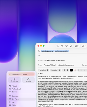 Skjermen på MacBook Neo viser at Apple Intelligence Skriveverktøy brukes til å omskrive et langt avsnitt i en e-post i Mail. Teksten handler om tilbakemelding på en publikasjon.