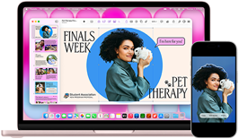 MacBook Neo i farven rouge ved siden af en iPhone, MacBook Neo-skærmen viser en præsentation med titlen Finals Week Pet Therapy og et billede af en person, der holder en kanin, iPhone-skærmen viser det samme billede, som er blevet lavet om til en sticker til brug i præsentationen