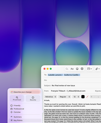 MacBook Neon näyttö, Apple Intelligencen kirjoitustyökaluilla muokataan Mailissa sähköpostin pitkää kappaletta, jossa on julkaisuun liittyvää palautetta