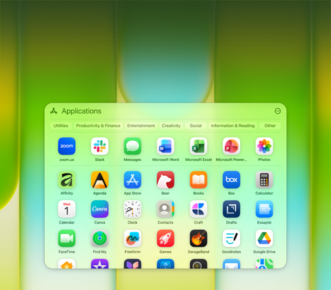 MacBook Neon näytöllä esillä Apit-ikkuna, jossa on erilaisia appeja