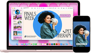 MacBook Neo, värinä roosa, iPhonen vieressä, MacBook Neon näytöllä on esitys nimeltä Finals Week Pet Therapy ja kuva kania pitelevästä henkilöstä, iPhonen näytöllä näkyy sama kuva, joka on muutettu esityksessä käytettäväksi tarraksi