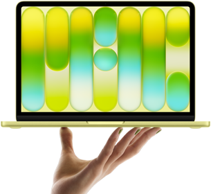 Sitruksenvärinen MacBook Neo, jota tasapainotellaan avoimena olevan käden sormenpäillä, näytöllä värikäs abstrakti kuvio