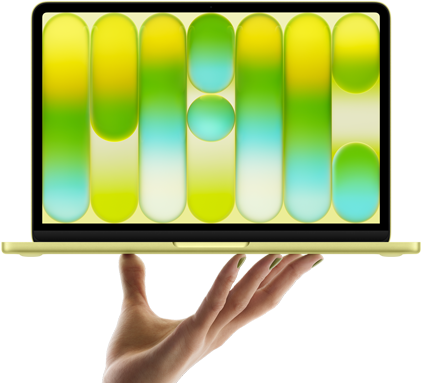 MacBook Neo i färgen citrus som balanserar på en öppen hands fingertoppar, med ett färgglatt abstrakt mönster på skärmen