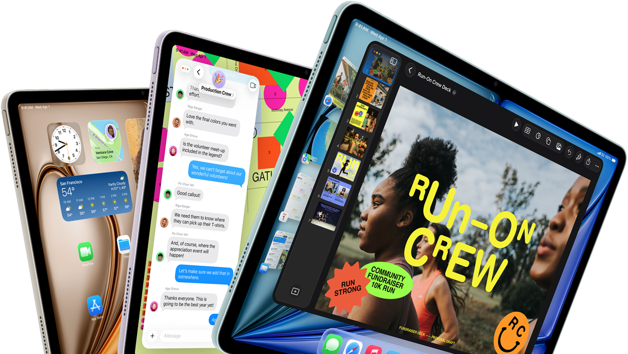 Tre iPad Air-skærme spredt ud i en vifte i farverne: blå, lilla, stjerneskær. Vist forfra og fra siden med apps på skærmen som Keynote-appen, Beskeder og hjemmeskærmen