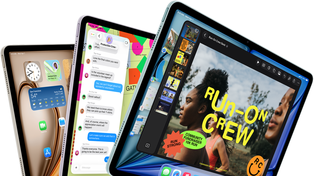 Tre iPad Air-skærme spredt ud i en vifte i farverne: blå, lilla, stjerneskær. Vist forfra og fra siden med apps på skærmen som Keynote-appen, Beskeder og hjemmeskærmen
