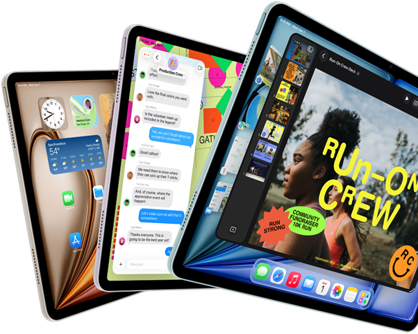 Tre iPad Air-skærme spredt ud i en vifte i farverne: blå, lilla, stjerneskær. Vist forfra og fra siden med apps på skærmen som Keynote-appen, Beskeder og hjemmeskærmen