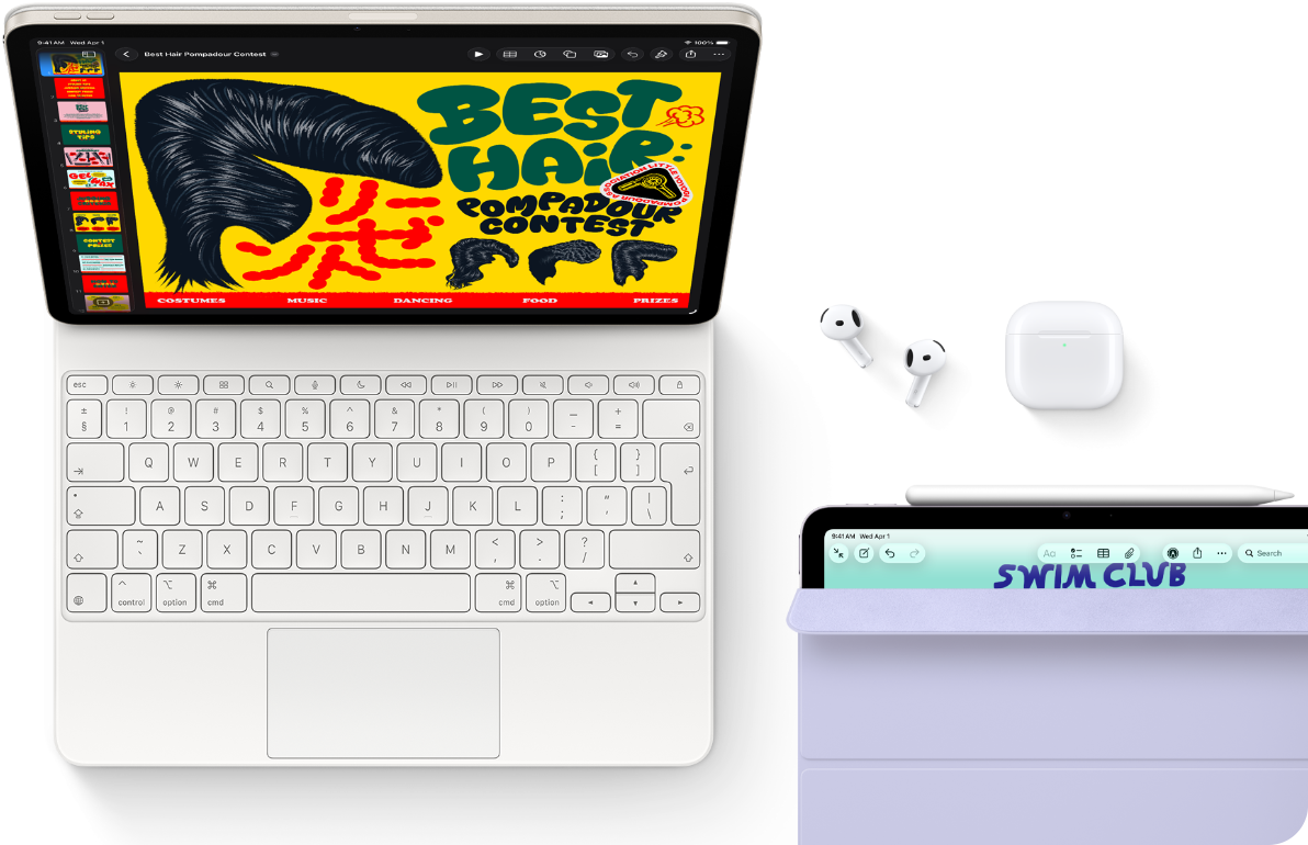 iPad Air, värinä tähtivalkea, näytöllä värikkäitä kuvia, liitettyinä Magic Keyboard, Airpods Pro ‑kuulokkeet ja Apple Pencil Pro