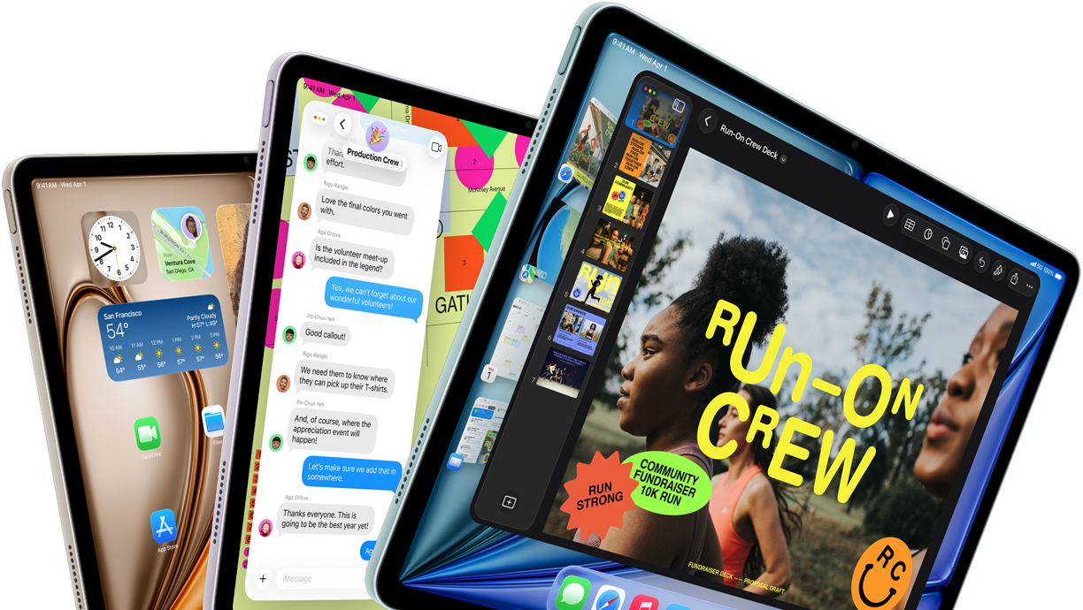 Kolme iPad Airia viuhkamaisessa asetelmassa, väreinä sininen, violetti, tähtivalkea, etupuoli, sivupinta, laitteiden näytöillä esillä Keynote-appi, Viestit-appi ja Koti-valikko