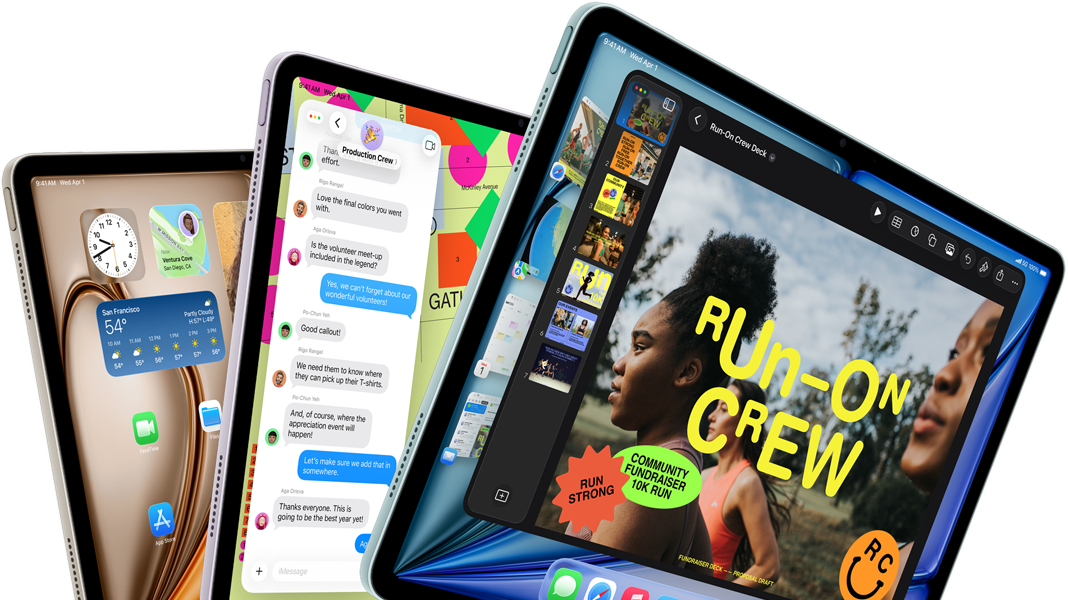 Kolme iPad Airia viuhkamaisessa asetelmassa, väreinä sininen, violetti, tähtivalkea, etupuoli, sivupinta, laitteiden näytöillä esillä Keynote-appi, Viestit-appi ja Koti-valikko