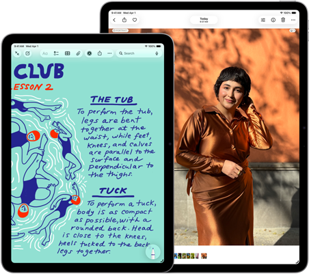 Kaksi iPad Airia, koot: 11 tuumaa ja 13 tuumaa, 11 tuuman mallissa värikästä tekstiä Muistiinpanot-apissa, 13 tuuman mallissa kuva henkilöstä Kuvat-apissa