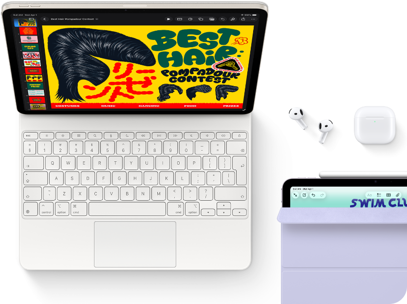 En iPad Air i fargen stjerneskinn viser fargerik grafikk på skjermen. Den er festet til et Magic Keyboard, og AirPods Pro og Apple Pencil ligger ved siden av. 