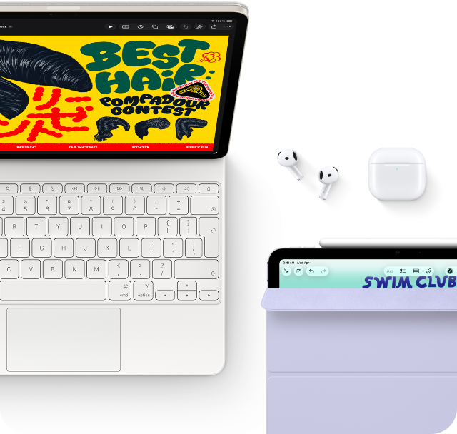 En iPad Air i fargen stjerneskinn viser fargerik grafikk på skjermen. Den er festet til et Magic Keyboard, og AirPods Pro og Apple Pencil ligger ved siden av. 