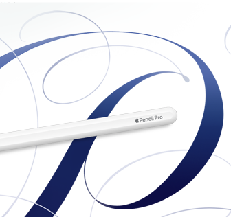 Vit Apple Pencil Pro, visas mot en vit bakgrund med blå virvlar