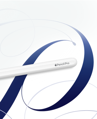 Vit Apple Pencil Pro, visas mot en vit bakgrund med blå virvlar