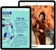 Två iPad Air-enheter, 11 och 13 tum, 11-tumsskärmen har färgglad text i appen Anteckningar, på 13-tumsskärmen visas en bild på en person i appen Bilder