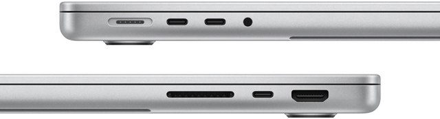 14-tommers MacBook Pro med M3 Pro vist fra sidene for å vise portene: venstre side, MagSafe-port, to Thunderbolt 4-porter og hodetelefonutgang, høyre side, SDXC-kortplass, én Thunderbolt 4-port og HDMI-port