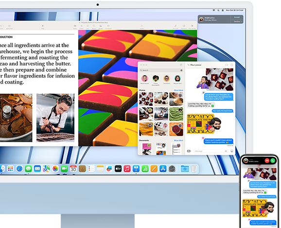 iMac ved siden af en iPhone, der viser Kontinuitetsfunktionen ved at dele en samtale med tekstbeskeder og billeder imellem iPhone og iMac.