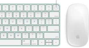 Nærbilde av Magic Keyboard med Touch ID vist ovenfra, ved siden av Magic Mouse.
