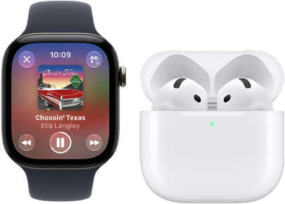 Apple Watch Series 12 med urkasse i sort aluminium, sort Sportsrem, Apple Music-appen åben, AirPods 4 tilsluttet