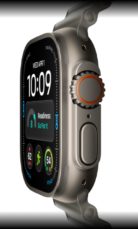 Apple Watch Ultra 4 med urkasse i titanium i farven naturlig, digital urskive, komplikationer: kapacitet, puls, Træninger, temperatur, Digital Crown og hævet sideknap i højre side, Ocean-rem i farven halvtransparent grå
