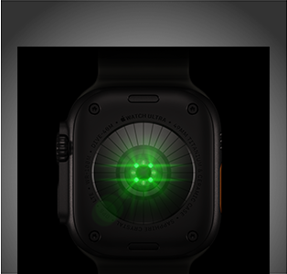 Apple Watch Ultra 4 med urkasse i sort titanium, vist bagfra, talrige runde sensorer med glødende grønne LED-indikatorer