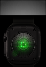 Apple Watch Ultra 4 med urkasse i sort titanium, vist bagfra, talrige runde sensorer med glødende grønne LED-indikatorer