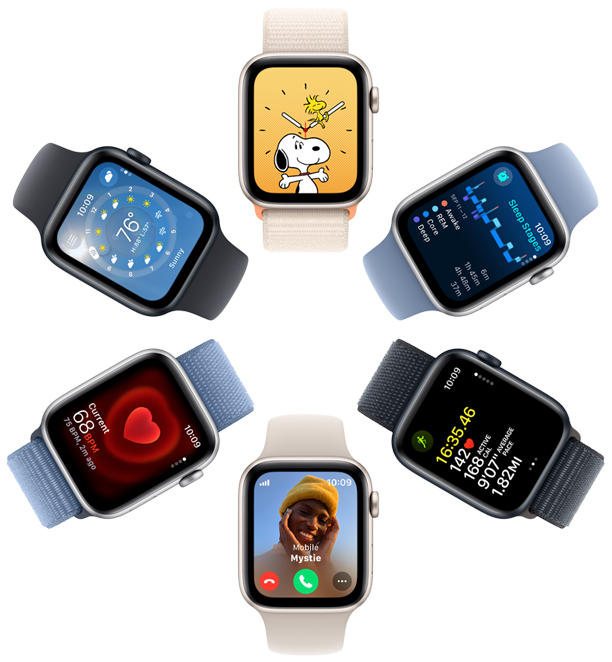 Seks Apple Watch SE-skjermer sett ovenfra med et bakgrunnsbilde av Snoopy, innsikter i Søvn-appen, målinger i Trening-appen, et innkommende anrop, puls og Været-appen.