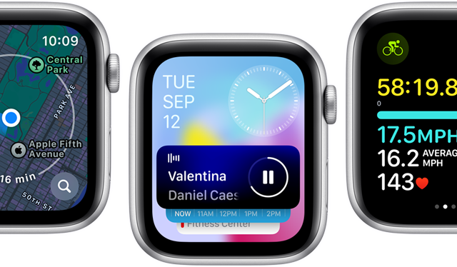 Frontvisning av Apple Watch SE-skjermer, som viser forskjellige oppdaterte app-skjermer.