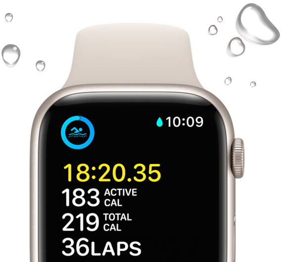 Apple Watch SE, näytöllä uintitreeni, laitetta kehystävät vesipisarat.