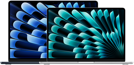 13- och 15-tums MacBook Air sedda framifrån för att visa skärmstorlekar (uppmätta diagonalt)