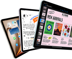 iPadOS-funksjoner og apper vises på tre iPad Air-skjermer